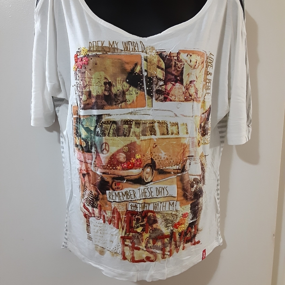 EDC Esprit Graphic Tee Small Festival Boho Vintage Print Embroidered Top S